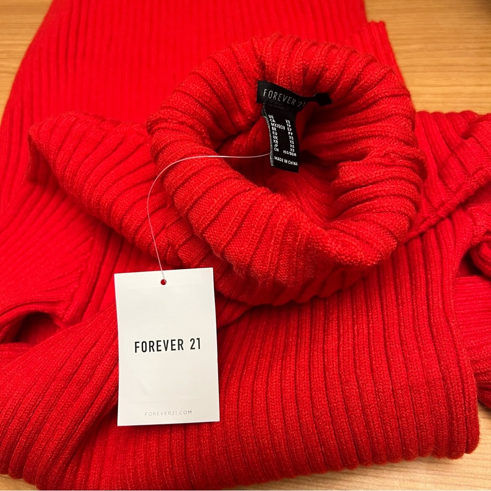 Forever 21 Red Ribbed Turtleneck Long Sleeve Bodycon Mini Sweater Dress XS NEW - Picture 3 of 7